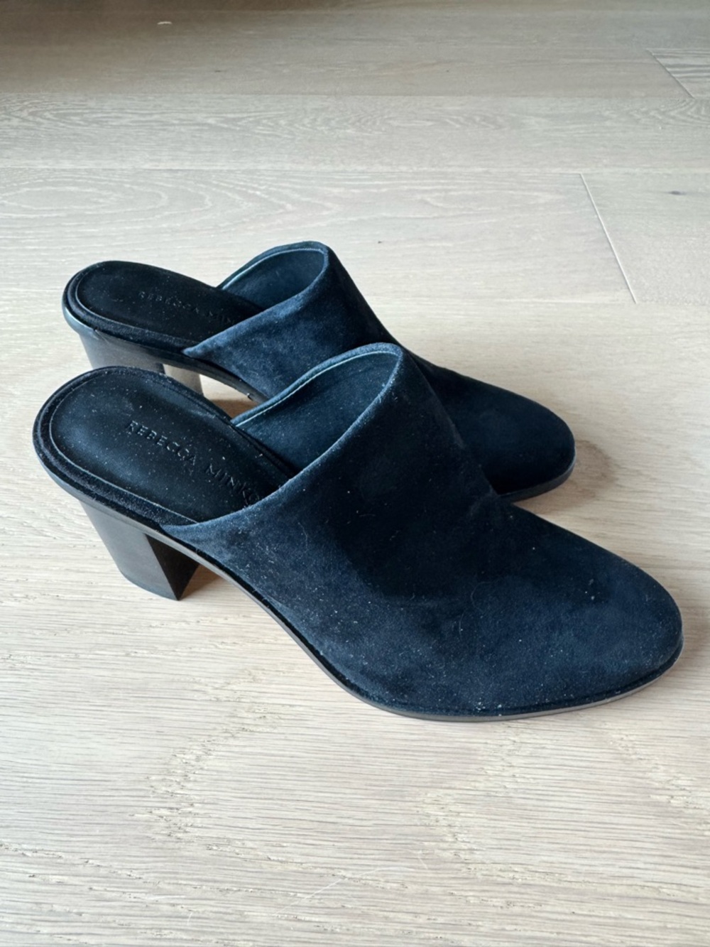 new Rebecca Minkoff Gavra Black Kid Suede Mules
